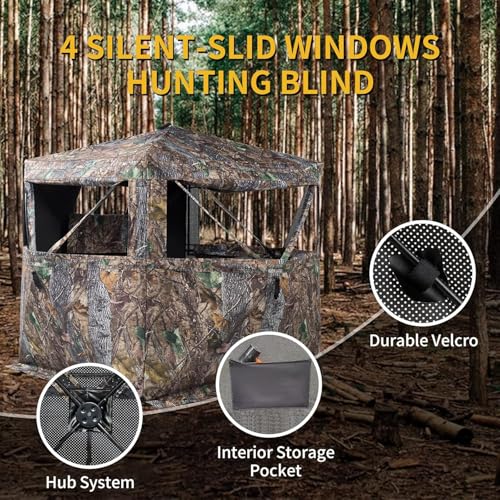 Hunting Blind 270/360 See Through Deer Blind, Pop Up Ground Blind | 2/3/4 Person Camouflage Tent, Portable Concealed Shelter with Carrying Bag, Silent Sliding Windows, Windproof Bottom Layer - size: 3-4 Person, style: 360
