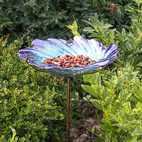 MUMTOP Bird Bath for Outside, Glass Birdbath Birdfeeder Purple Garden Stake | 26 Inch Flower Bird Bath for Outdoors with Four-Prong Ground Stake, Stable and Durable Design, Easy to Clean, Outdoor Decor - color: Purple