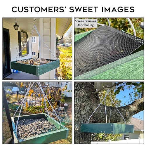 Gtongoko WPC Composite Platform Bird Feeder Hanging, Large 3.5 lbs Capacity, Durable, Seed Tray Bird Feeder for Outdoors with Metal Mesh Bottom Weather-Resistant for Garden Yard, Green
