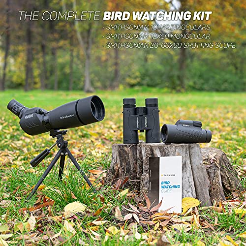Smithsonian Adult Birding Binoculars - 10x42, Phone Adapter, Diopter Adjustable - Ideal for Hiking, Travel - Includes Bird Watching Guide