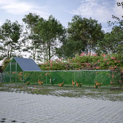26'L x 6.7'W x Outdoor Chicken coop 6.6'H Large Metal Chicken Coop, Walk-in Poultry Pen, Galvanized Wire Hen Cage with Metal Chicken coop Weather- Cover for Outdoor Use, Spacious
