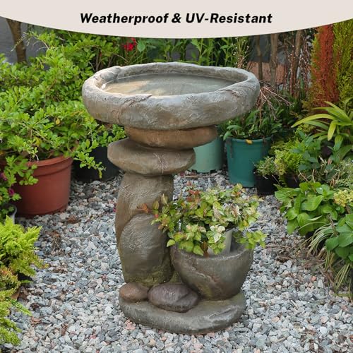Solar Fountain for Bird Bath, Water Fountain Outdoor with Planter, Freestanding Rock Solar Waterfall with LED Lights for Garden, Patio, Yard - color: Gray-28 in
