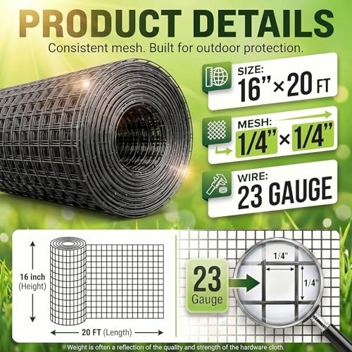 Black 16'' x 20' Hardware Cloth 1/4 inch 23 Gauge, Hot-dip Galvanized After Welding, Chicken Coop Wire Fence Wire Mesh Screen, Rabbit/Snake Fences, Netting Wire Cloth Galvanized Wire Mesh Roll - size: 1/4 inch 16in x 20ft-Black