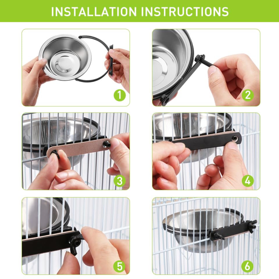 Small Bird Feeding Dish Cups 3.1In 12oz Stainless Steel Rust-Proof Parrot Cage Feeders with Clamp Holder Quick-Detach for Seed & Water, Fits Cockatiel Parakeet Macaw Finches Lovebirds