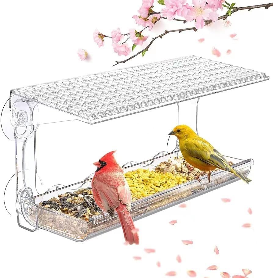 Window Bird Feeder for Outdoors with Large Feeding Trays, Clear Window Mounted Bird House with Strong Suction Cups, Weatherproof Watching Station for Garden