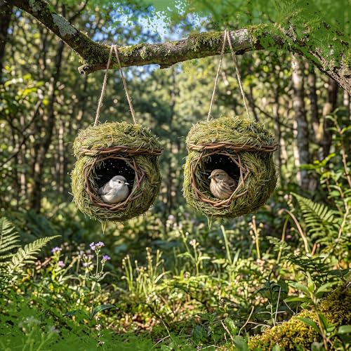 Hotop 4 Pcs 5 x 5.5 Green Grass Birdhouse for Outside Hand Woven Hummingbird Nest House Roosting Pocket Small Natural Fiber Bird Houses for Finch Canary Chickadee Outdoors Hanging Garden Decoration