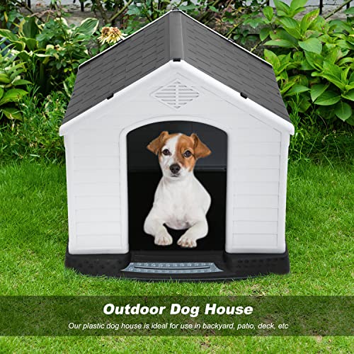 FDW Dog House Indoor Outdoor Durable Ventilate Waterproof Pet Plastic Dog House for Small Medium Large Dogs Insulated Puppy Shelter Kennel Crate with Air Vents and Elevated Floor - style: Grey