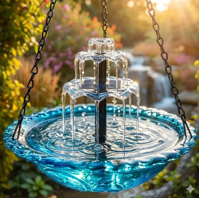2026 Solar Cascade Hanging Bird Bath Fountain, Solar Powered Waterfall Birdbath with 3-Tier Bowl, Outdoor Hanging Water Fountain for Garden Patio Backyard Decoration, Blue (Multi-Spray Modes)