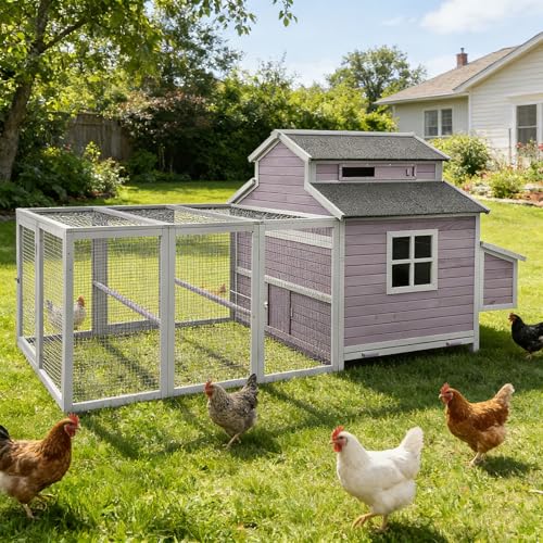 Large Chicken Coop for 8-10 Chickens, Wooden Hen House with Outdoor Run & Nesting Boxes, 115" L Poultry Cage for Backyard, Walk-in Duck Coop with Metal Trays & Perches - color: Grey, size: 115"L(6-8 chickens)