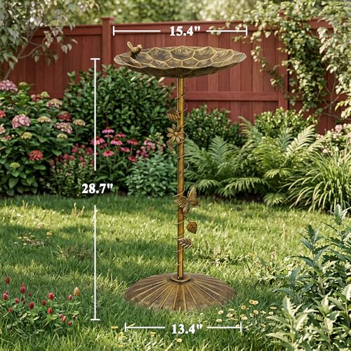 VECELO Antique Gold Metal Bird Bath for Outside, 28.7" Freestanding Pedestal Birdbath with Vintage Butterfly & Bird Decor, 15.4" Bowl Diameter, Easy Assembly Heavy-Duty Iron Garden Decoration
