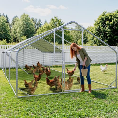 Sannwsg 10x26 FT Metal Chicken Coop with Run, Large Walk in Chicken Pen with Waterproof Cover, Secure Lock, Heavy Duty Poultry Cage with Feeding Door for Outdoor Farm Use - size: 10x26 FT