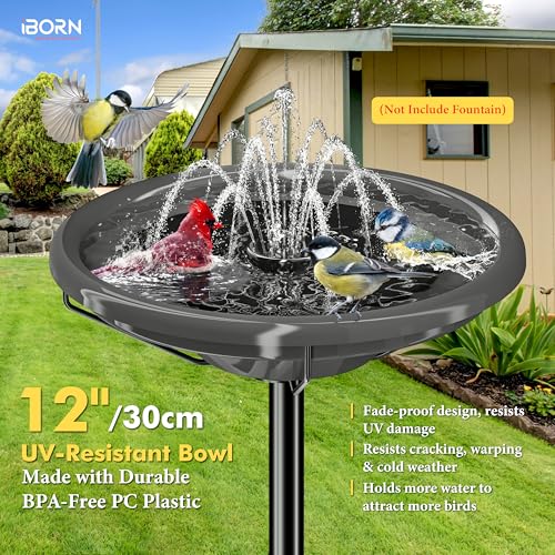iBorn Bird Bath for Outside,36″ Freestanding Bird Bath with 3 Adjustable Height Pole,12″ BPA-Free Plastic Bowl,5-Prongs Base,Metal Pole and Plastic Birds Baths Bowl,Gray,1 Pack（Not Include Fountain） - color: Gray