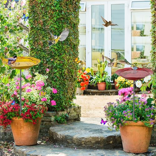 2Pcs Metal Bird Baths for Outside, Hummingbird Small Birdbath Bowl for Outdoors with Metal Stake, Bird Feeder for Garden Yard Lawn Decor (2P-Red&Yellow) - color: 2P-Red&Yellow