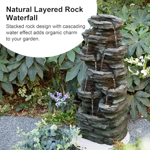 Glitzhome Outdoor Water Fountain, 9-Tiered Rock Floor Fountain with Cascading Water, 39.25" H Polyresin Waterfall Fountain with Pump and LED Light Outdoor Water Feature for Garden Yard Patio Porch - color: 9-tiered Rock