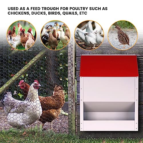 Galvanized Wall Mount Chicken Feeder No Waste Hanging Chicken Feeder with Lid Weatherproof Metal Automatic Poultry Feeder Trough Food Dispenser for Outside Coop (23 lbs)