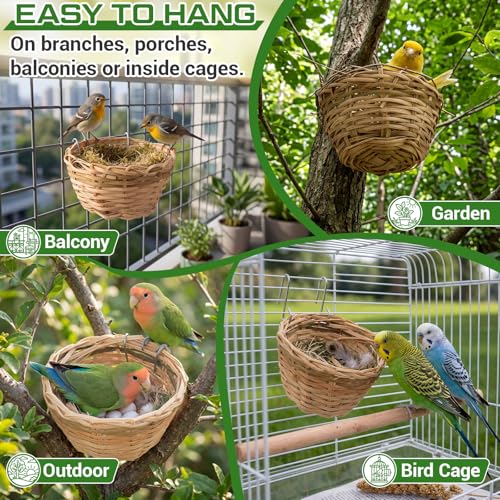 SiliFine 20 Pack Handmade Bird Nest for Cage, Bamboo Opened Finch Nest, Hanging Canary Hatching Breeding Cave House with Metal Hook for Budgie Parakeet Cockatiel Small Bird Garden Yard Decor