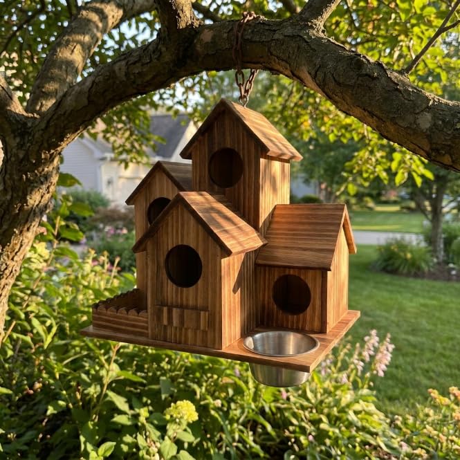 Cekobechg Outdoor 5-Hole Wooden Bird House with Feeding Basin, Bird Nest for Garden and Patio Decor, Ideal for Finches, Bluebirds, Cardinals and Small Birds, Natural Solid Wood