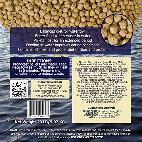 Natural Waterscapes Waterfowl Feed 20 lb Bag | Floating Pellets for Duck, Swan, Goose | for Wild and Pet Ducks