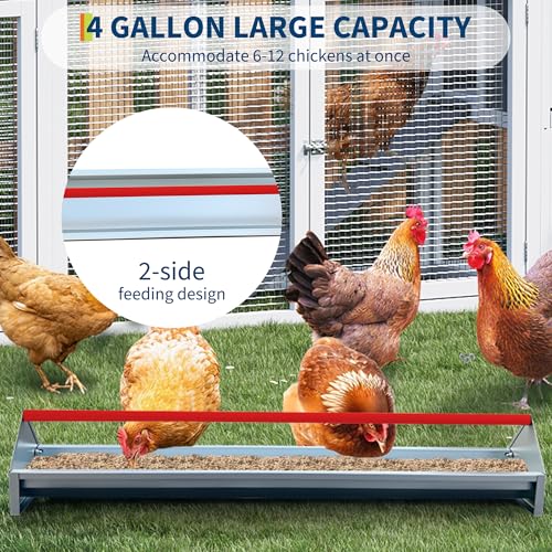 45" Chicken Trough Feeder, 5 Gallon Galvanized Steel Feed Trough with Drainage Holes & Red Crossbar | Heavy Duty, Rust-Proof Metal Duck Chicken Feeder Red - color: Red