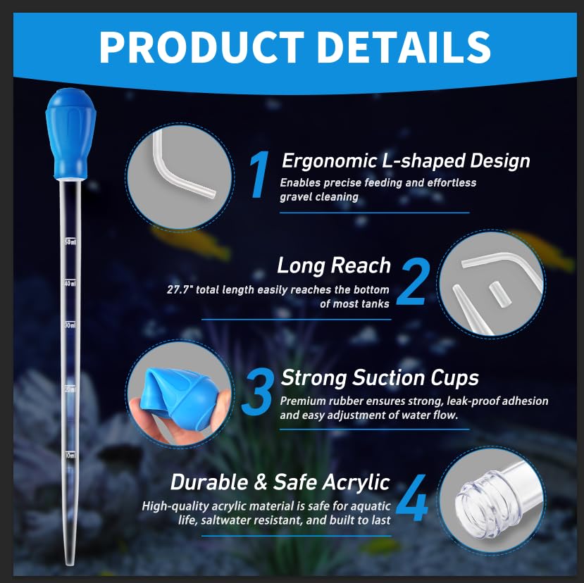 27.7IN Extra Long Turkey Baster for Aquarium Coral Fish Feeder,Blue | 50ml Plastic Turkey Baster Long Syringe, Siphon for Fish Tank Water Changer, Reef Coral Food Spot Feeder
