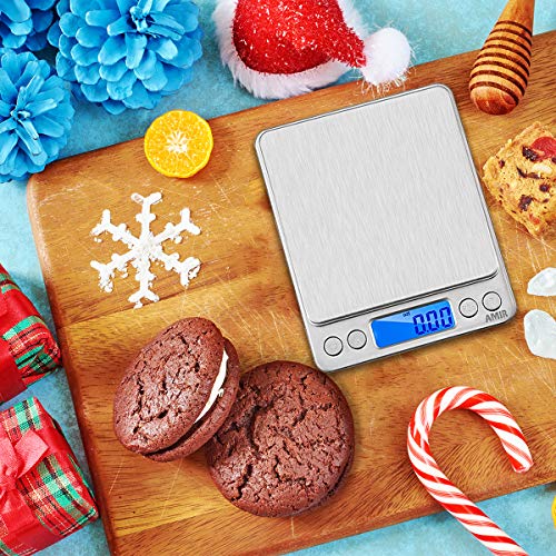 (Upgraded) AMIR Digital Kitchen Scale, 500g Mini Pocket Jewelry Scale, Food Scale, Coffee Scale, Back-Lit LCD Display, 2 Trays, 6 Units, Auto Off, Tare, PCS, Stainless Steel (Batteries Included) - color: Silver