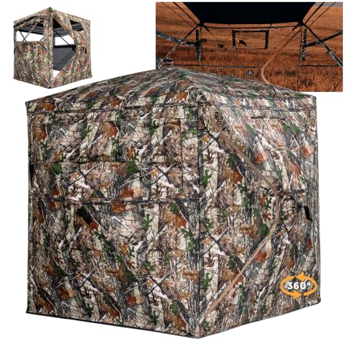 Hunting Blind 360/270 See Through Deer Blind, Pop Up Ground Blind | 2/3/4 Person Soft Material Camo Tent，Easy-Fold Portable Concealed Shelter with Carrying Bag, Lightweight, Silent Slid Windows - size: 360° See Through(3-4 Person)