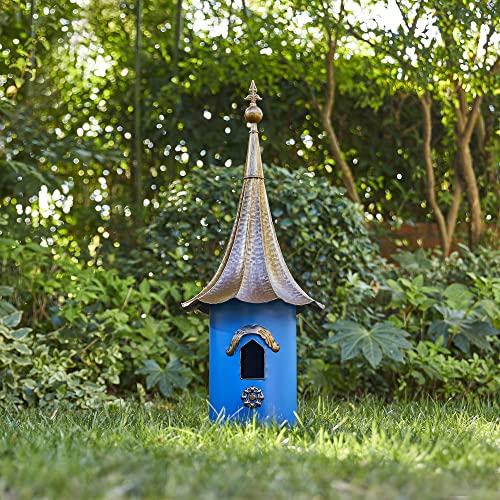 Glitzhome 32”H Metal Hanging Birdhouse for Outdoors Oversized Farmhouse Pagoda Painted Bird House with Bronze Roof for Bluebird Wren Chickadee Sparrow Bird Nest Box for Garden Patio, Retro Blue - color: Retro Blue
