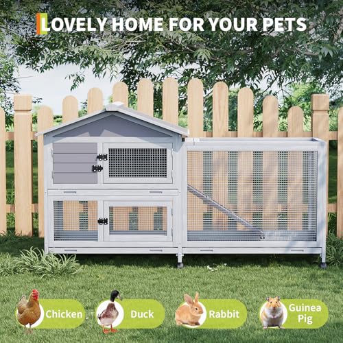 2-Story Wooden Rabbit Hutch & Chicken Coop with Wheels, Indoor/Outdoor Bunny Cage with Waterproof Roof, Removable Cleaning Tray & Access Ramp for Chicken, Rabbit - size: 63.2 inch