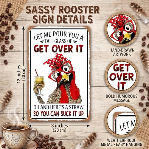 Smilelife Funny Chicken Gifts Chicken Let Me Pour You A Tall Glass of Get Over It Tin Sign for Home Farm Chicken Coop Farmhouse Kicthen Garden Decor 8 X 12 Inch (3188) - color: Light White