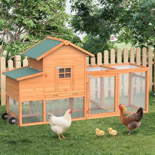 GOJOOASIS Portable Chicken Coop with Wheels & Handrail, Wooden Hen House | Outdoor 83” Predator-Proof Chicken Coop for 2-5 Chickens, Weatherproof Asphalt Top, Removable Tray, Ramp & Nesting Box