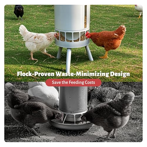 KOL 50LB Metal Chicken Feeder - No Waste, No Clog Design with 16 Ports & Smooth Gravity-Flow, Powder Coated Rust-Proof for Coop Use (Jade White) - color: Jade White