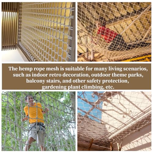 Jute Hemp Rope Net(6ftx18ft), Heavy Duty Natural Climbing Safety Rope Netting Balcony Stairs Fence Garden Playground Protection Net Indoor & Outdoor Decor Rope Net - size: 6ftx18ft