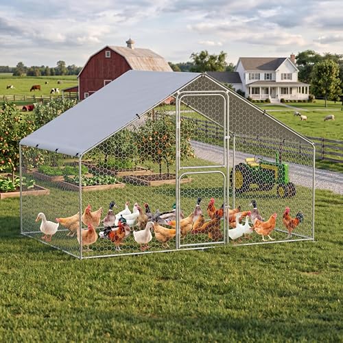Takywep Walk-in Metal Chicken Coop, 9.8×6.5×6.5FT Galvanized Poultry Cage with Spire Roof, Waterproof UV Cover & Dual Doors, Heavy Duty Large Hen House for Backyard Farm, Suitable for Duck Quail - size: 118.1"L x 78.7"W x 78.7"H