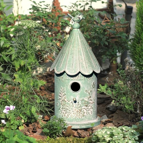 Metal Hanging Birdhouses for Outdoors Bird Houses for Outside Unique Bird Nest for Bluebird Wren Chickadee Sparrow Bird Nest Box for Garden Patio - color: Green