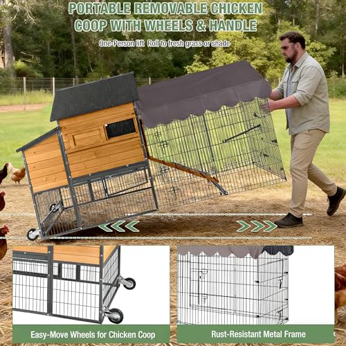 GUTINNEEN 85.6" Large Chicken Coop with Run for 6-8 Chickens, Heavy Duty Chicken Tractor with Wheels, Wooden Chicken House with Reinforced Steel Frame, Nesting Box & Pull-Out Metal Tray - color: (Brown-AIR7006)
