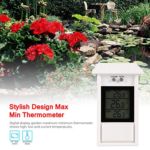 Min Max Greenhouse Thermometer, Wall Mounted Digital High Low Temperatures | Hole Hook, Greenhouse Thermometer Accessories for Garden Greenhouse, White - color: White