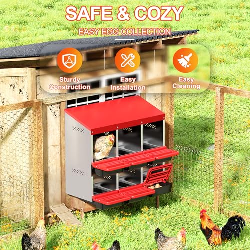 ZenxyHoC Two-Tier Chicken Nesting Box Red 6 Compartments | Metal Egg Laying Box with Rollout Egg Collection & Swing Perch for Backyard Chicken - size: 6 Compartments