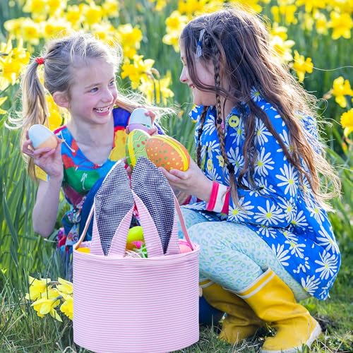 Easter Basket Seersucker Egg Hunt Bunny Baskets for Kids with Cute Rabbit Ears Stripe Storage Gifts Candies Personalized Easter Party Gifts… - color: seersuck2022pink