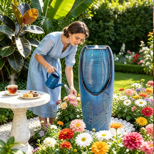 Autodaya 33" H Ceramic Jar Outdoor Water Fountain, Banana Leaf-Texture | Artisan High-Fired Glaze, Warm Ambient LED Lighting, Upgraded Pump, Soothing Cascading Water Feature For Garden Patio Yard - color: 32"h-leaf Pattern Teal Blue Glaze