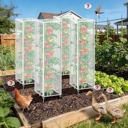 3 Pack Garden Bird Netting Plant Cover for Square Tomato Cage,14.6"x14.6"x51.2" Insect Bird Barrier Tomato Cage Net with Zipper Drawstring,Tomato Trellis Netting Protection Cover for Protecting Plants - color: Square White