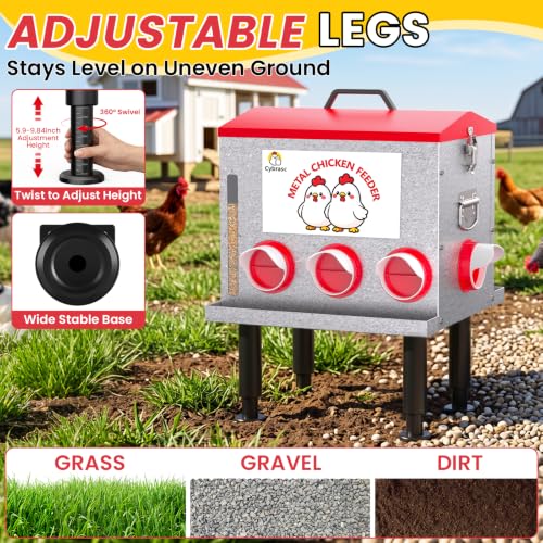 10-Gal Metal Automatic Chicken Feeder with No-Waste Feeding Tray | 55LB Capacity, 8 Feeding Ports, Rust-Proof Alloy Steel, Clear Viewing Window, Height-Adjustable Legs for Chicken Coops - color: Red, size: 10GAL-55LB