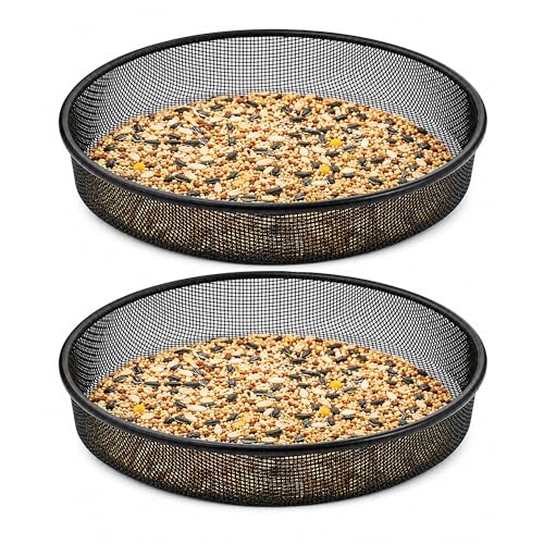 2 Pack Metal Bird Feeder Tray - 7 Inch Mesh Tray Platform for Outdoors Backyard Porch, Drainage Mesh Holes, Easy to Refill & Clean, Weatherproof - color: Black