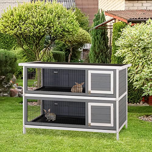 PawHut 54" 2-Story Large Rabbit Hutch Bunny Cage Wooden Pet House Small Animal Habitat with Lockable Doors, No Leak Tray and Waterproof Roof for Outdoor/Indoor Dark Grey | Wooden Pet House, Small Animal Habitat, No Leak Tray, Waterproof Roof, for Chickens