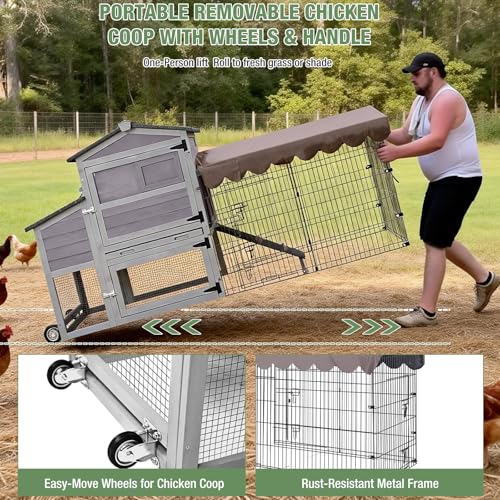 Large Mobile Chicken Coop with Run, 79" Outdoor Wooden Poultry Cage on Wheels, All-Steel Frame Hen House, Waterproof Roof, Nesting Box, for 4-6 Chickens - color: Grey (AIR7008)