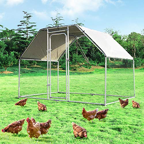 Giantex 9.2ft Large Metal Chicken Coop, Walk-in Chicken Coops Hen Run House Shade Cage with Waterproof and Sun Protection Cover for Outdoor Backyard Farm Use Poultry Cage (9.2 x 6.2 ft, Flat) - size: 110.5"L x 75.0"W x 77.0"H