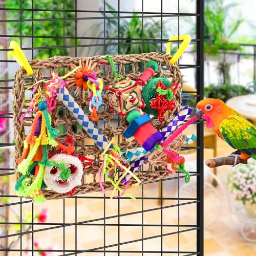 KATUMO Bird Toys, Large Bird Foraging Wall Toy, Woven Climbing Hammock Mat | Natural Grass Mat, Edible Seagrass, Colorful Chewing Toys, Suitable for Lovebirds, Finch, Parakeet, Budgie, Conure, Cockatiel - style: Stars