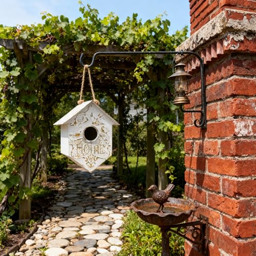 Vintage Metal Hanging Birdhouse, Decorative Bird House with Home Engraving, Distressed Design White and Gold Bird Home, Ideal for Outdoor Garden Decor - color: White-Home