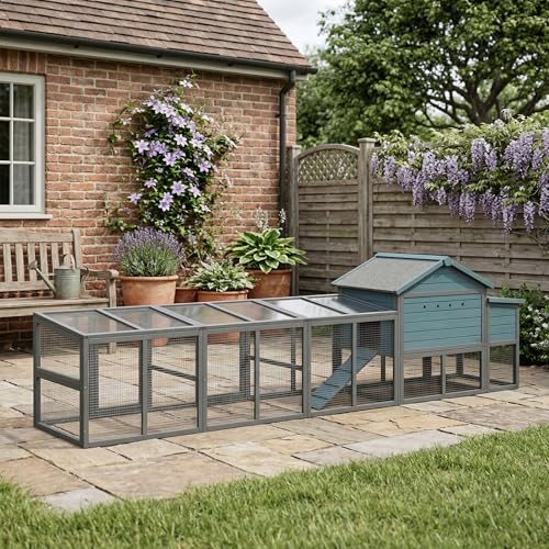 YOPTO Large Wooden Chicken Coop with Run Blue Gray 141.1 in | 21.2 ft² run, Fits 3–4 chickens, Nesting box, Sliding tray, Waterproof UV roof, Solid wood frame - size: 141 in