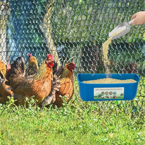 10 Pack Fence Feed Feeder 4.5 Quart Hanging Chicken Feeder Trough with Brush & Scoop Blue Goat Hanging Fence Feeders Feeder with Hooks Screws & Zip Tie for Livestock Feeding Container Goats Supplies - color: Blue, size: 10 Pack