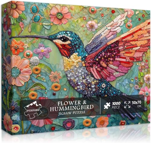 Hummingbird Puzzles for Adults 1000 Pieces, Nature Birds Flower Jewel Art Puzzle, Difficult Crystal Diamond Beautiful Garden Animals Jigsaw Puzzles, Colorful Floral Hard Challenging Puzzles for Adults - style: Flower & Hummingbird